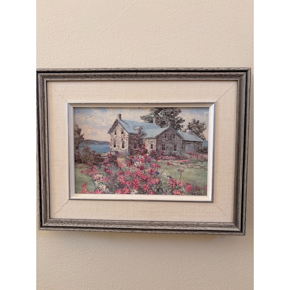 Vintage Kierstead Framed Landscape Print Stone Farmhouse Floral Cottage Art